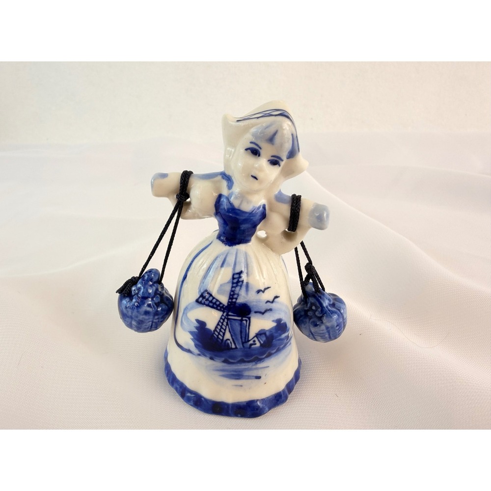Delft Blue Porcelain Dutch Girl Bell Figurine Windmill Made in Holland Vintage